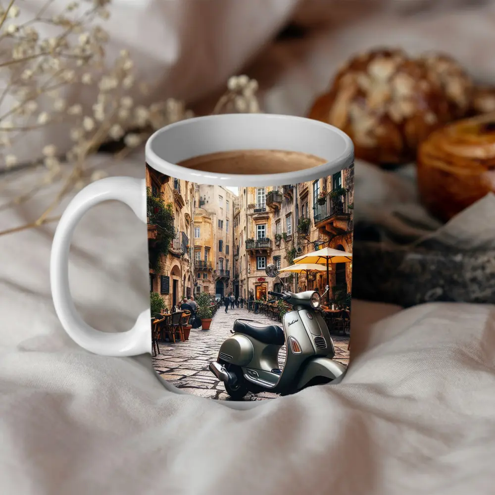 Vespa Scooter Italian Cobblestone Street Scene – Mugs