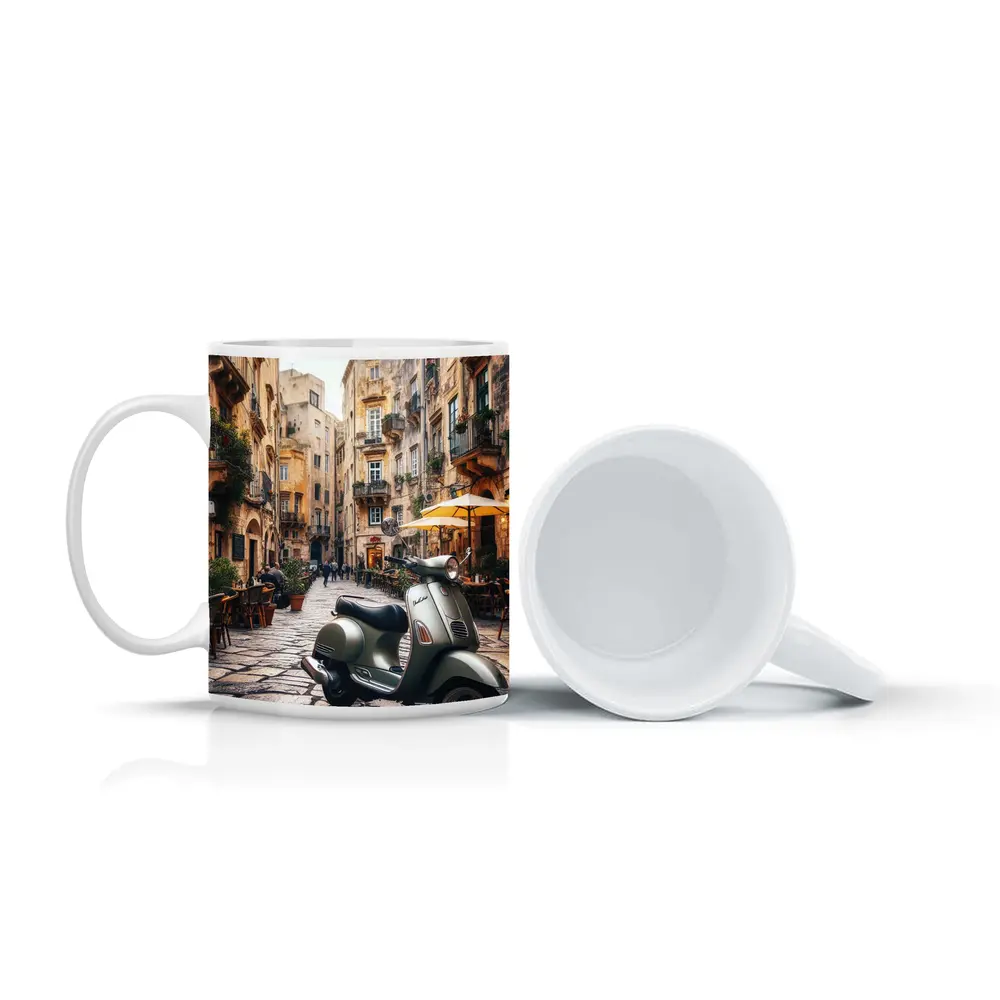 Vespa Scooter Italian Cobblestone Street Scene – Mugs