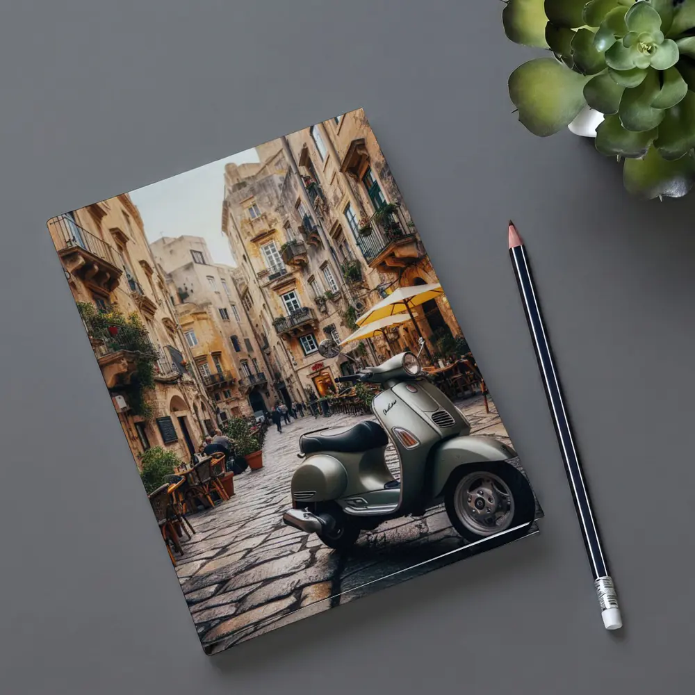 Vespa Scooter Italian Cobblestone Street Scene – Notebooks