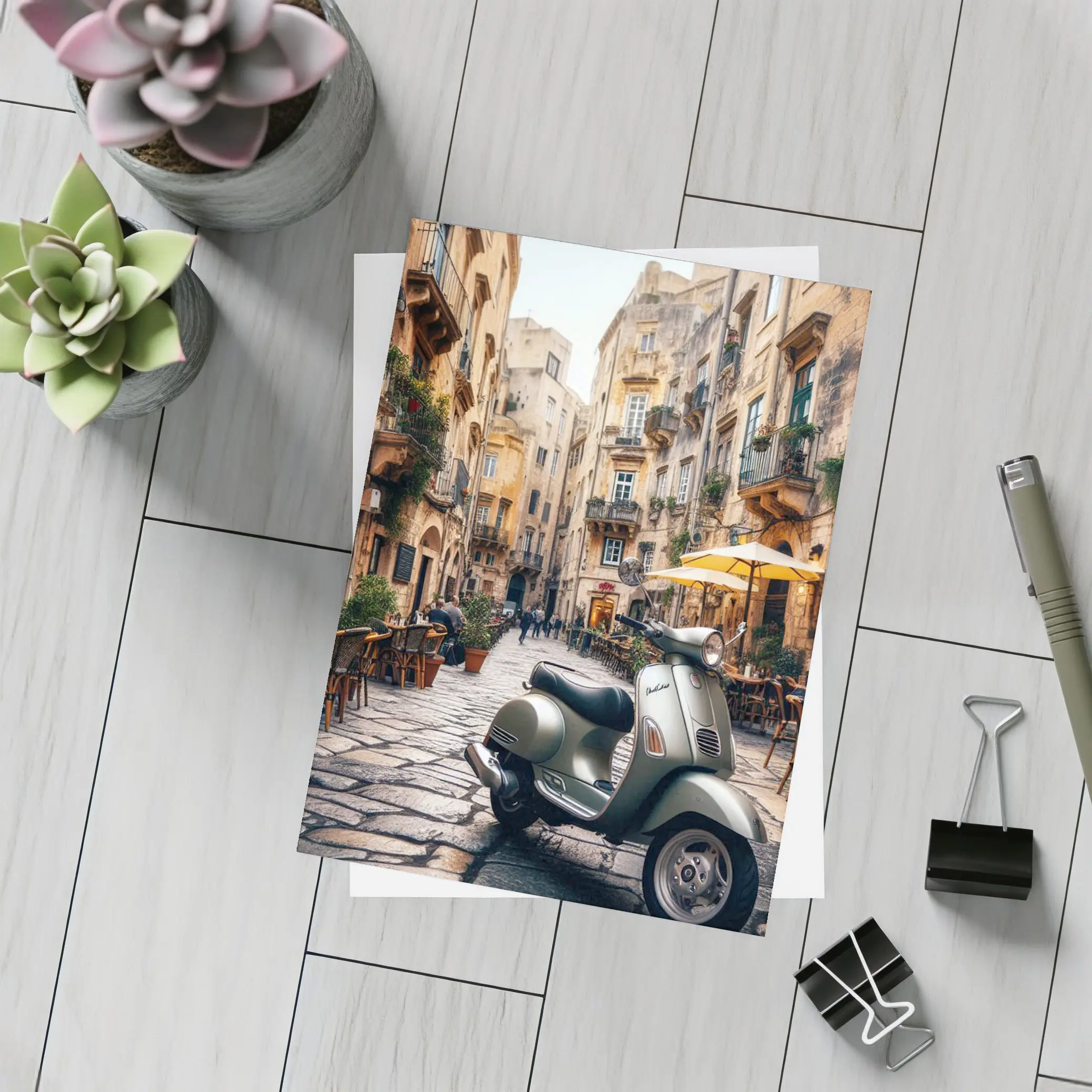 Vespa Scooter Italian Cobblestone Street Scene – Postcards