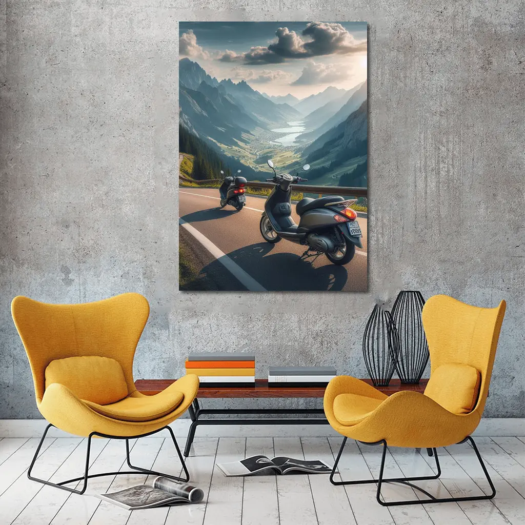 Scooters Parked On Alpine Mountain Road – Wall Art