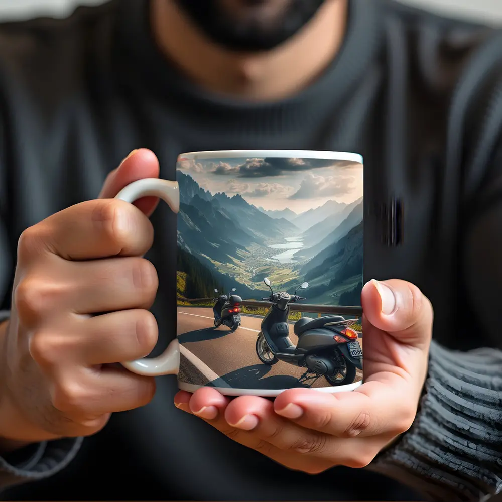 Scooters Parked On Alpine Mountain Road – Mugs