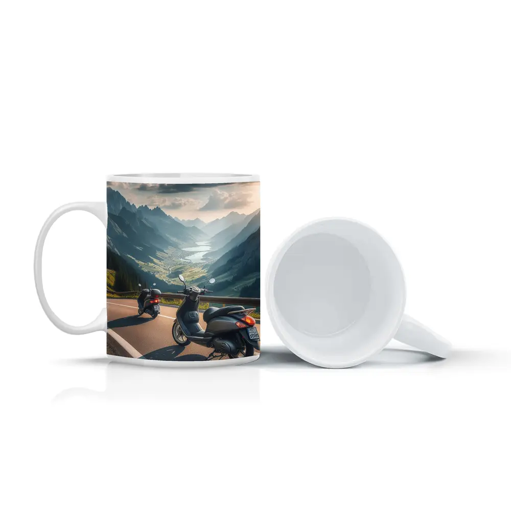 Scooters Parked On Alpine Mountain Road – Mugs