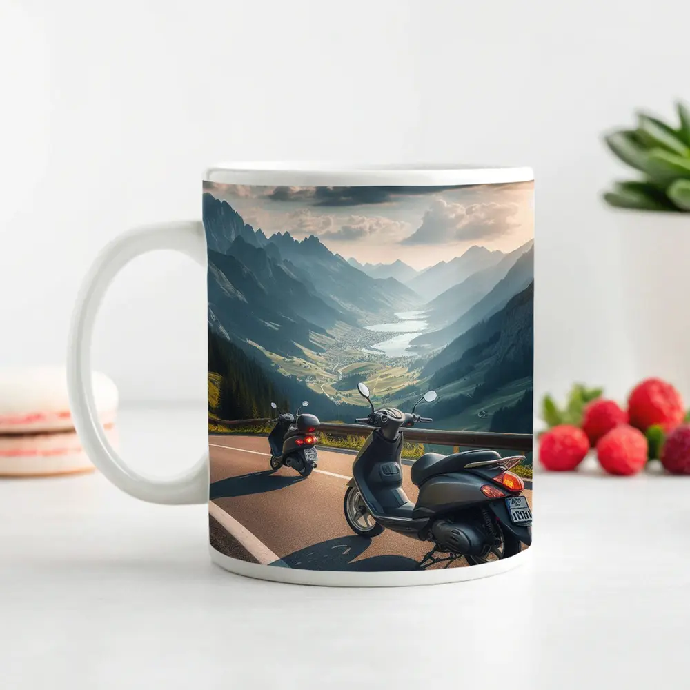 Scooters Parked On Alpine Mountain Road – Mugs