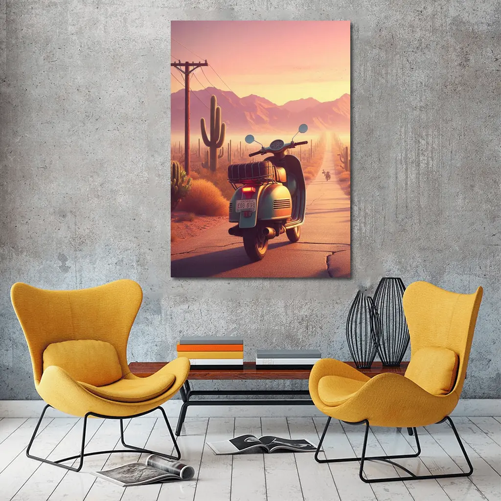 Retro Scooter Desert Road Cactus Sunset – Wall Art