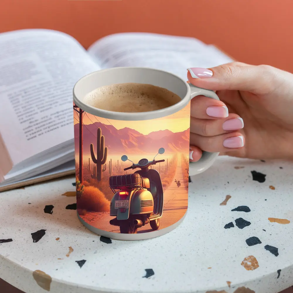 Retro Scooter Desert Road Cactus Sunset – Mugs