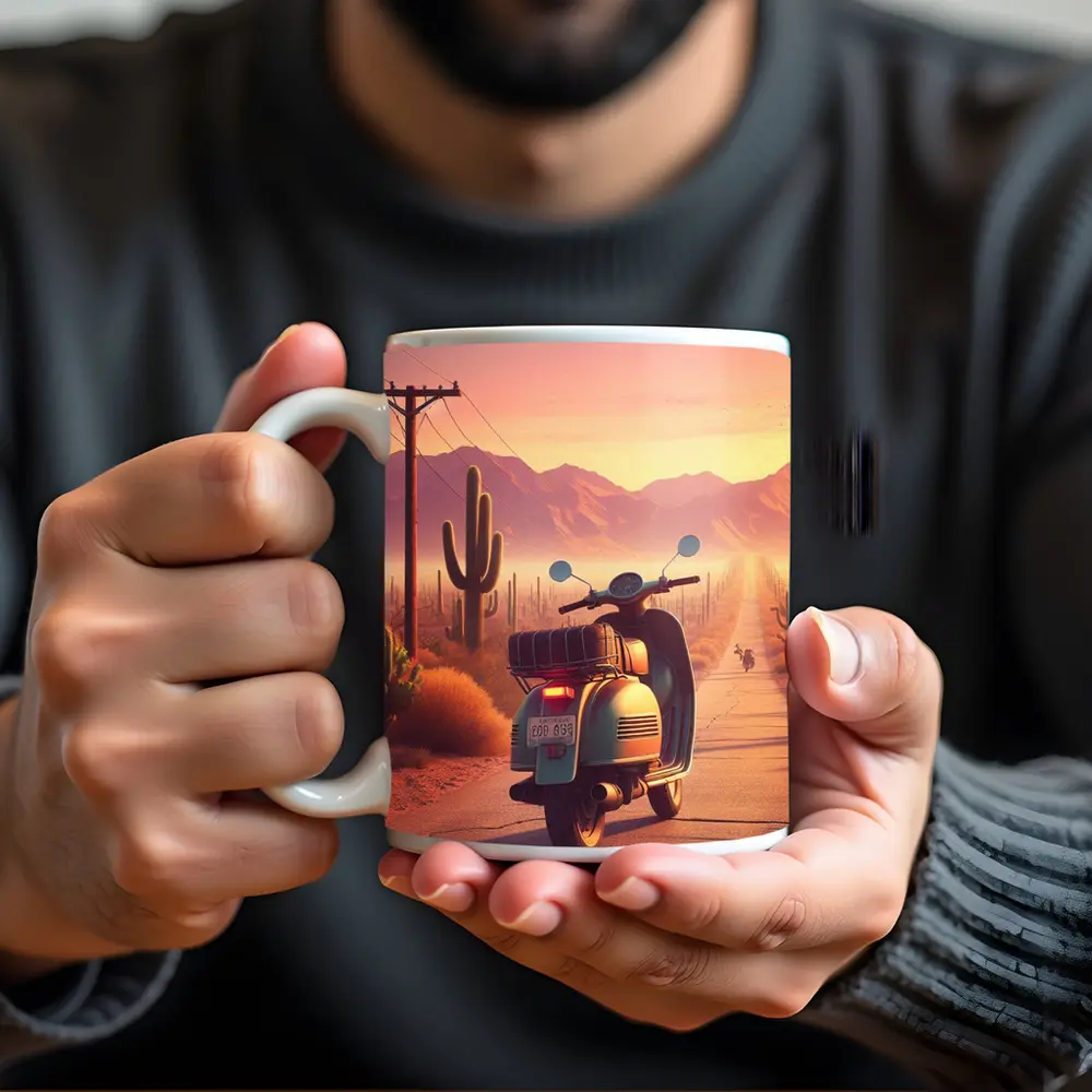 Retro Scooter Desert Road Cactus Sunset – Mugs