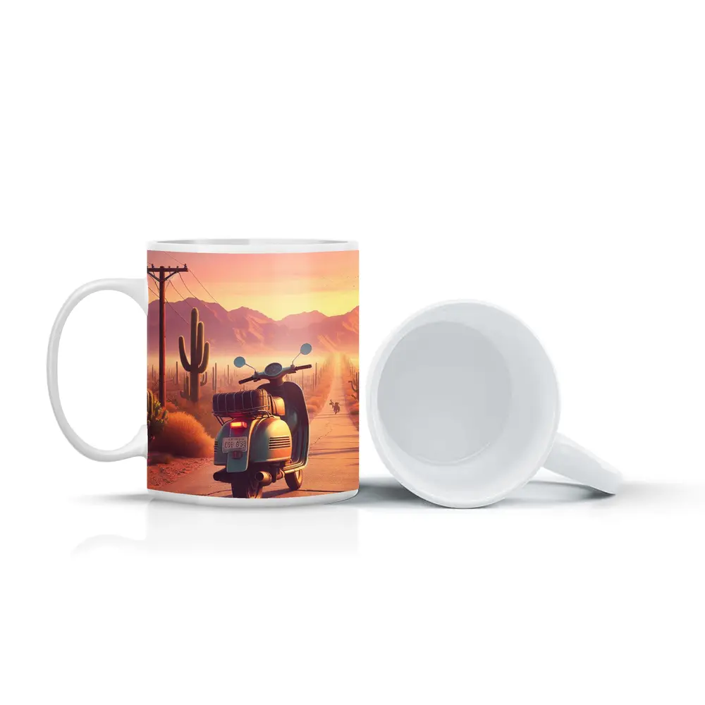 Retro Scooter Desert Road Cactus Sunset – Mugs
