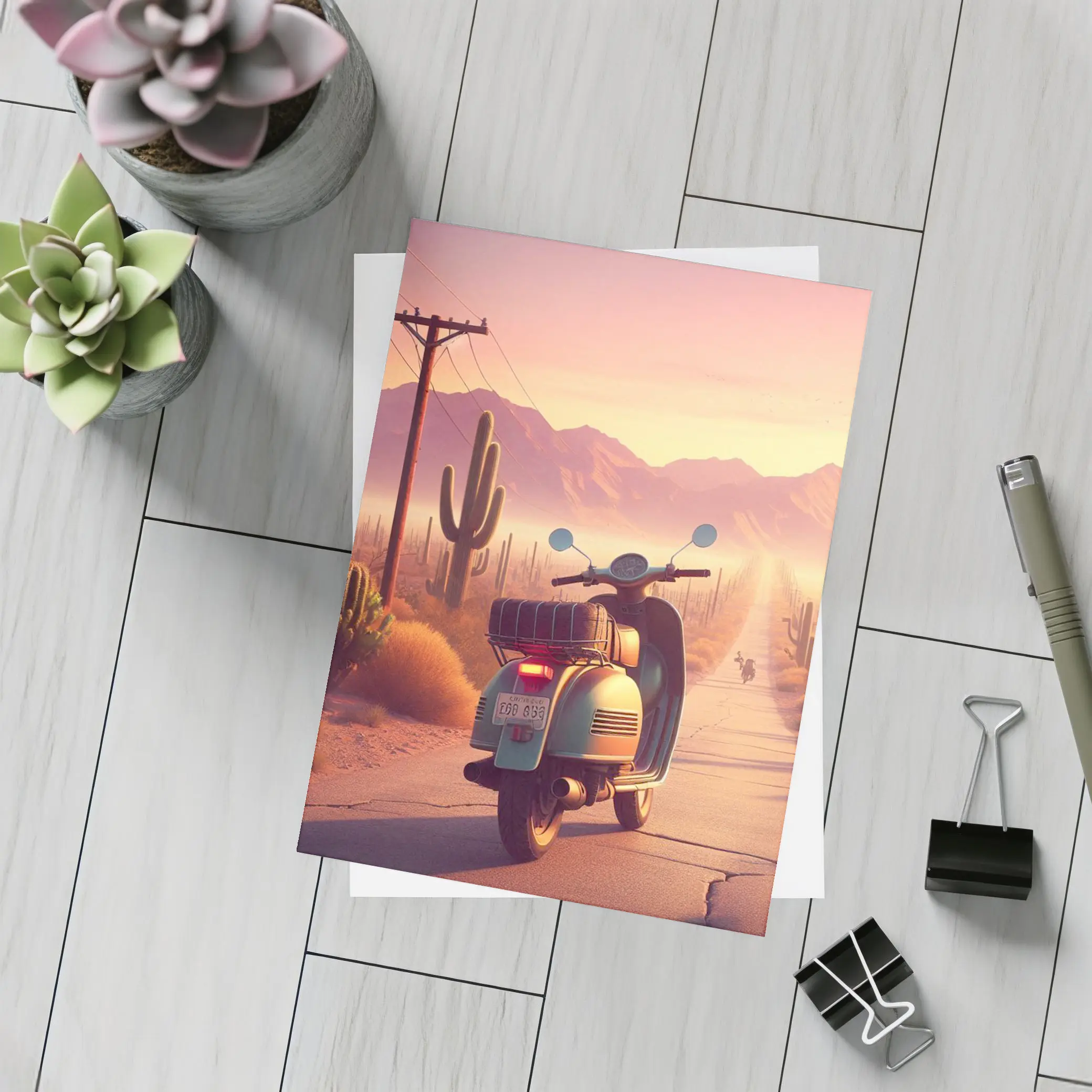 Retro Scooter Desert Road Cactus Sunset – Postcards