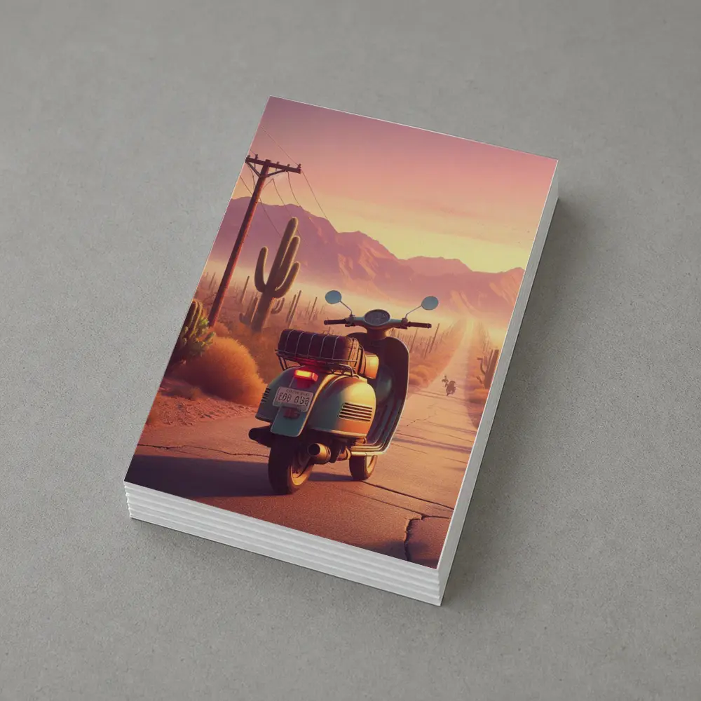 Retro Scooter Desert Road Cactus Sunset – Postcards