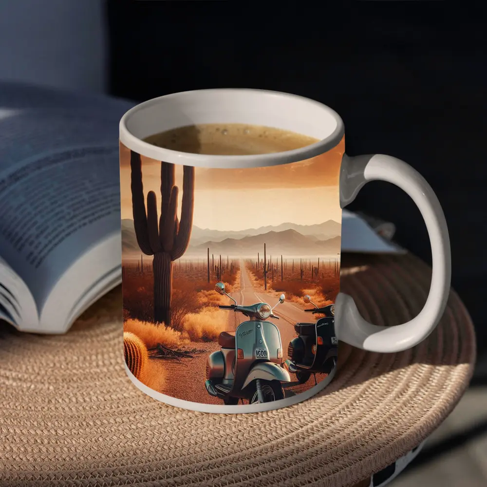 Vintage Scooters Desert Road Saguaro Sunset – Mugs