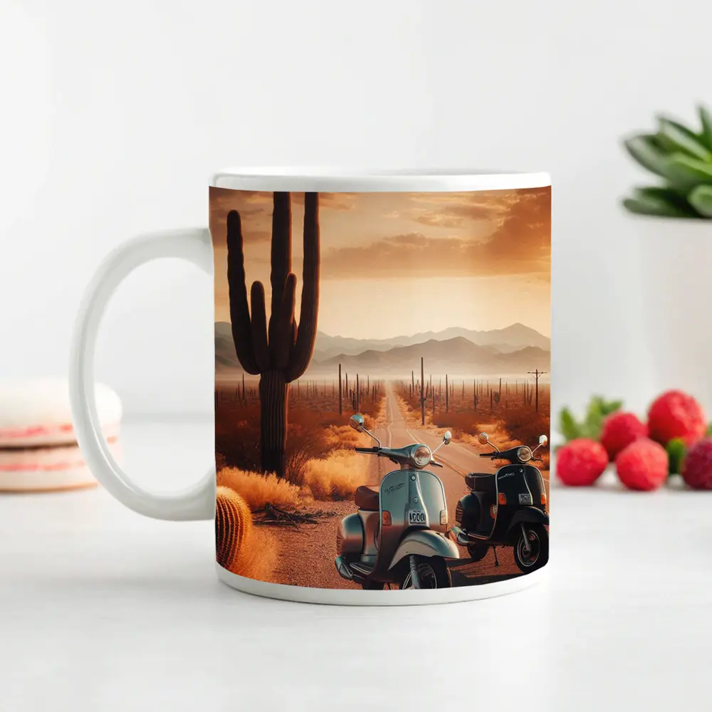 Vintage Scooters Desert Road Saguaro Sunset – Mugs