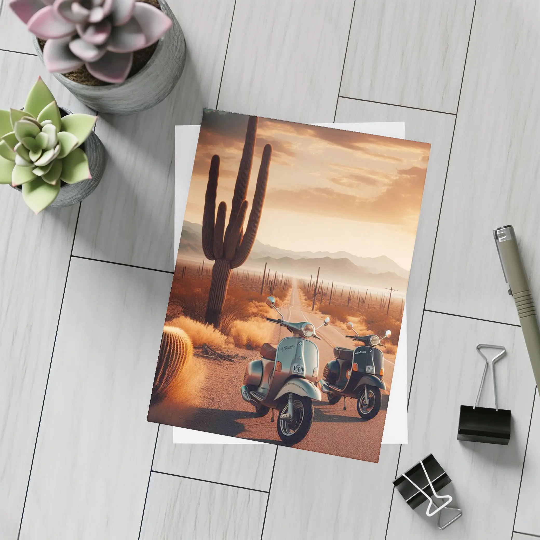 Vintage Scooters Desert Road Saguaro Sunset – Postcards