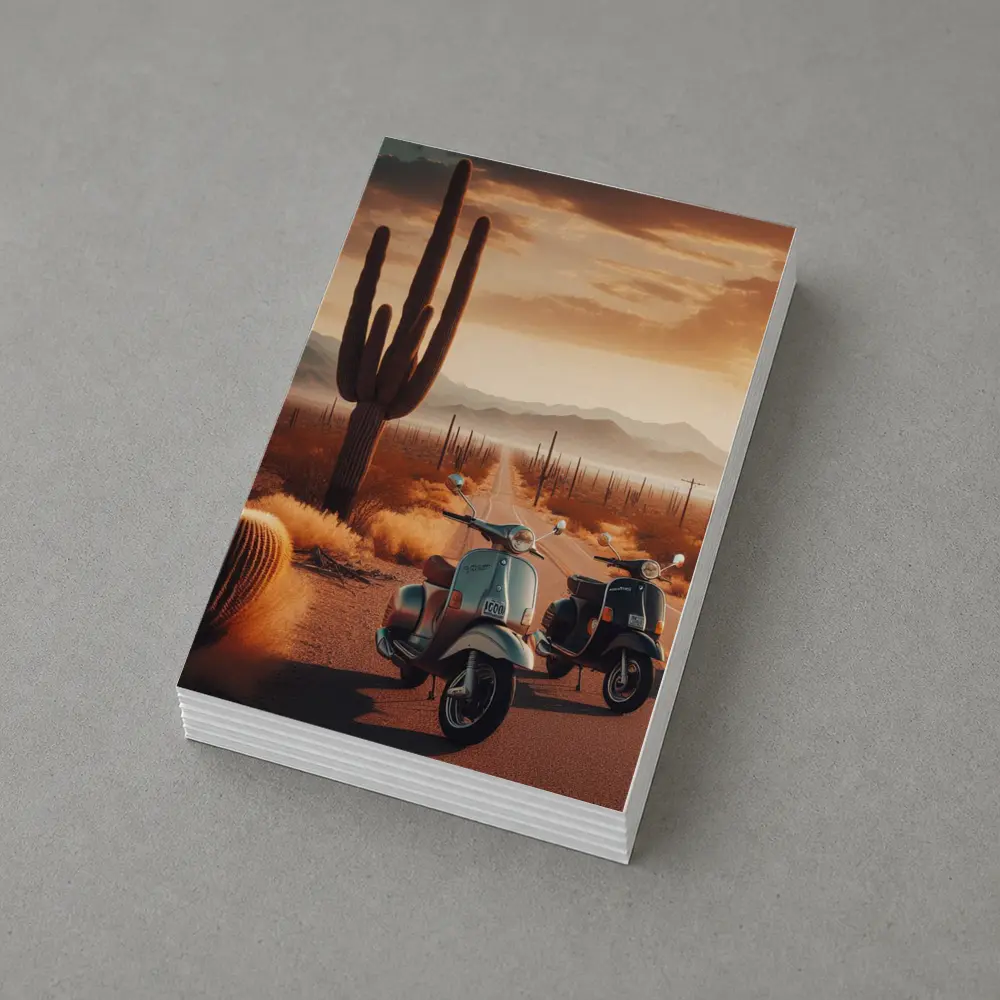Vintage Scooters Desert Road Saguaro Sunset – Postcards