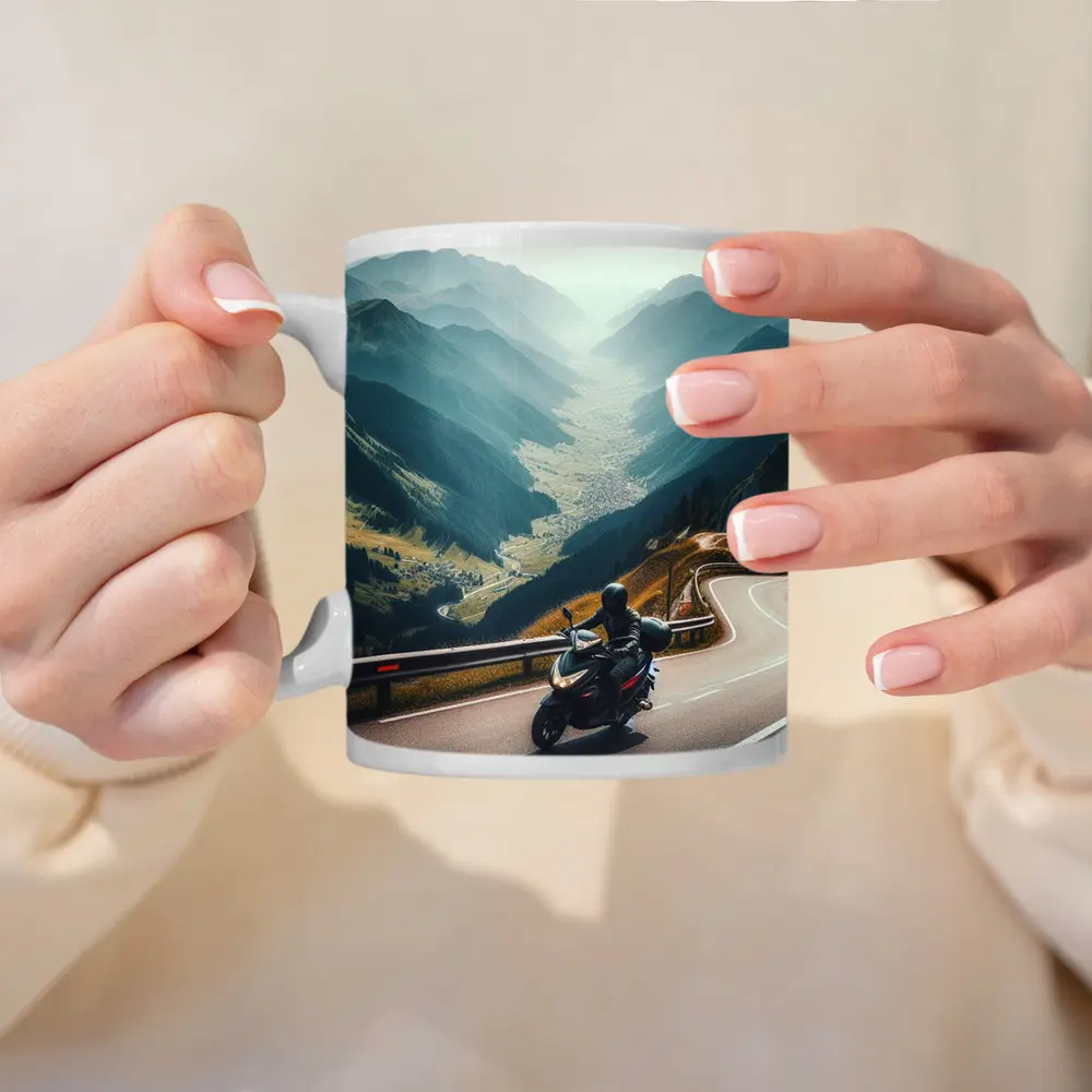 Motorcycle Rider On Alpine Mountain Road – Mugs