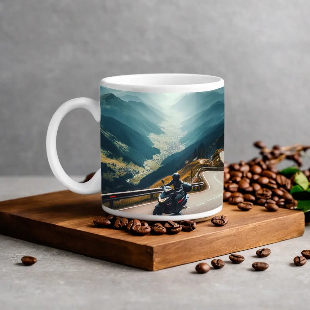 Motorcycle Rider On Alpine Mountain Road – Mugs