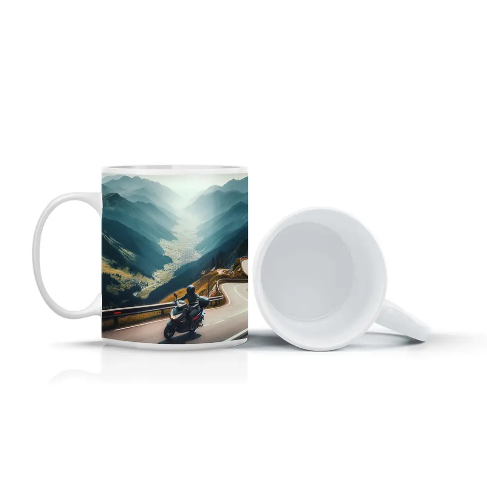 Motorcycle Rider On Alpine Mountain Road – Mugs