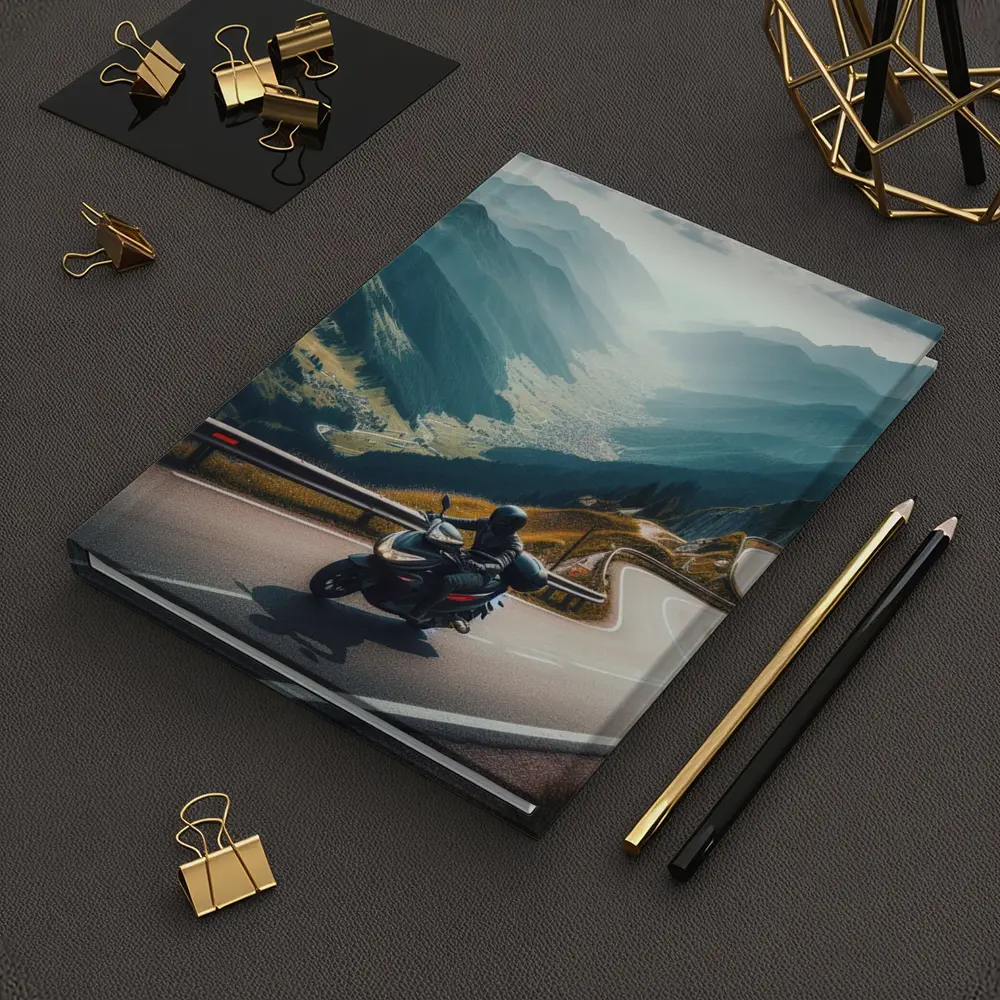 Motorcycle Rider On Alpine Mountain Road – Notebooks