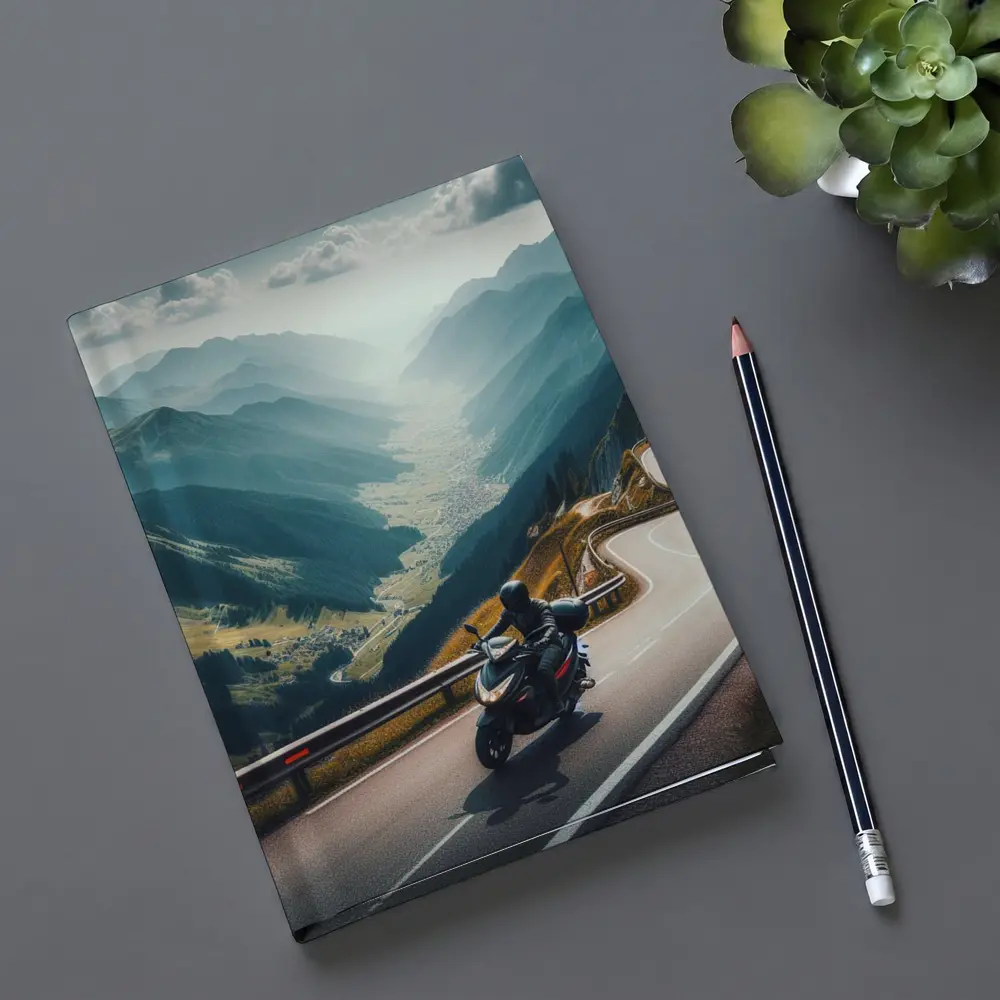 Motorcycle Rider On Alpine Mountain Road – Notebooks