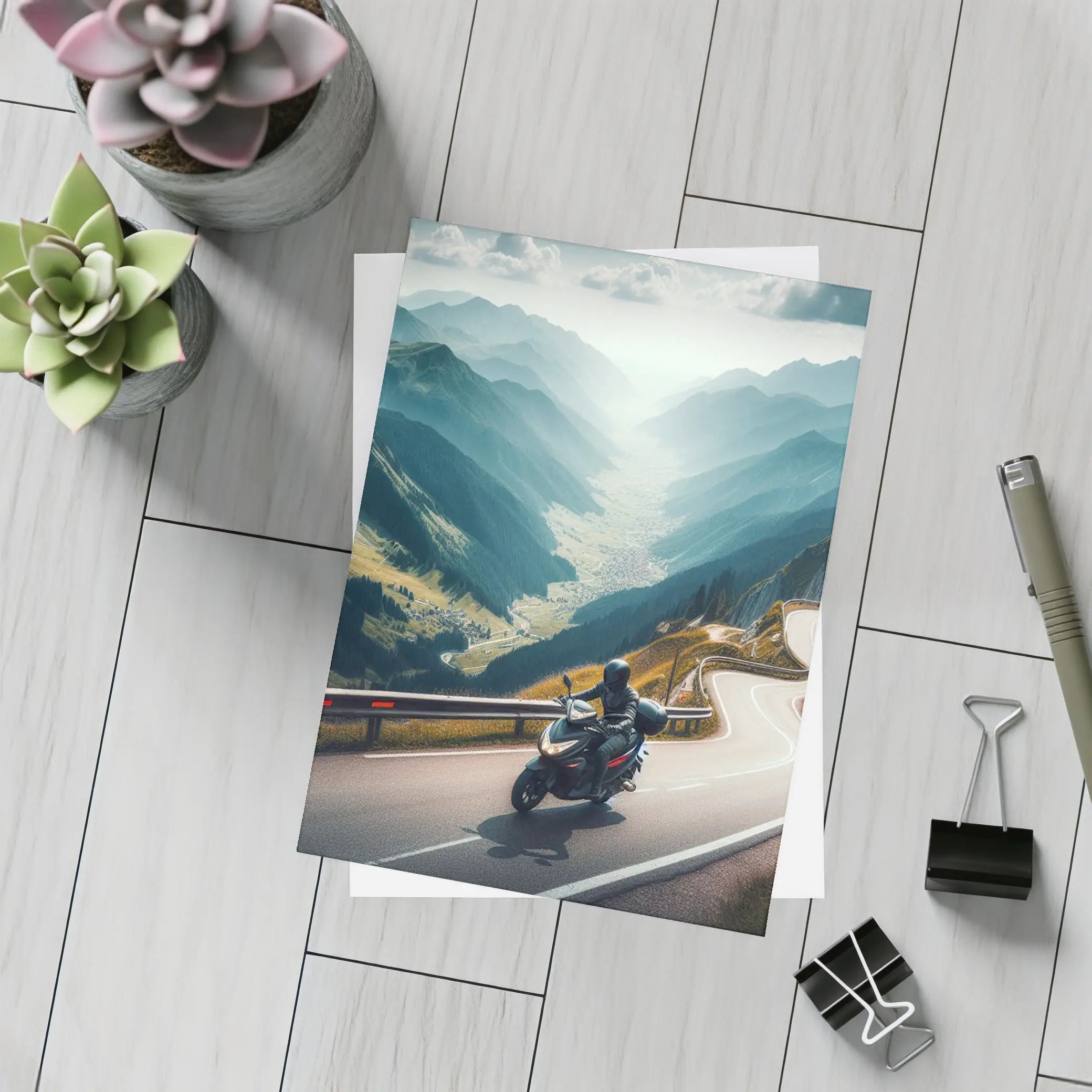 Motorcycle Rider On Alpine Mountain Road – Postcards