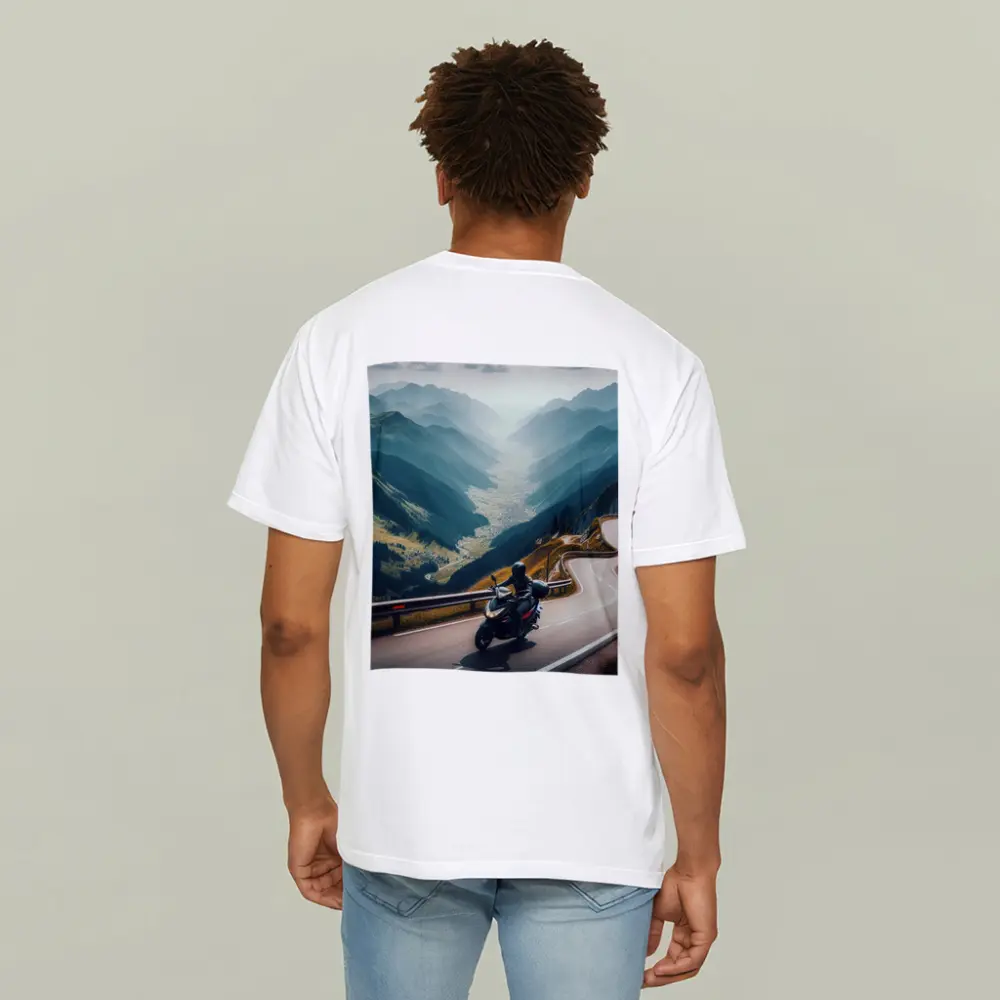 Motorcycle Rider On Alpine Mountain Road – T-Shirts