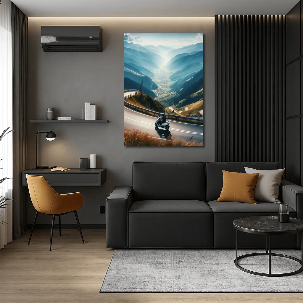 Scooter Rider Winding Mountain Road Valley – Wall Art