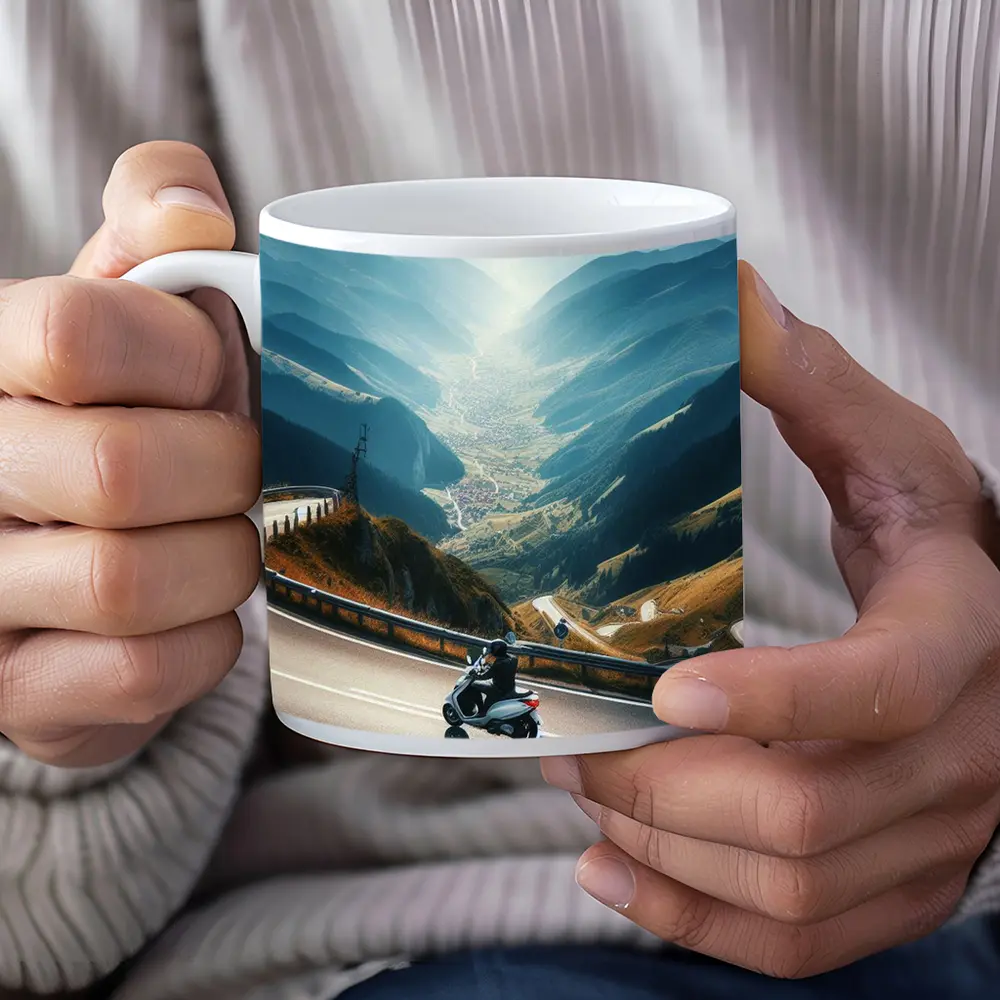 Scooter Rider Winding Mountain Road Valley – Mugs