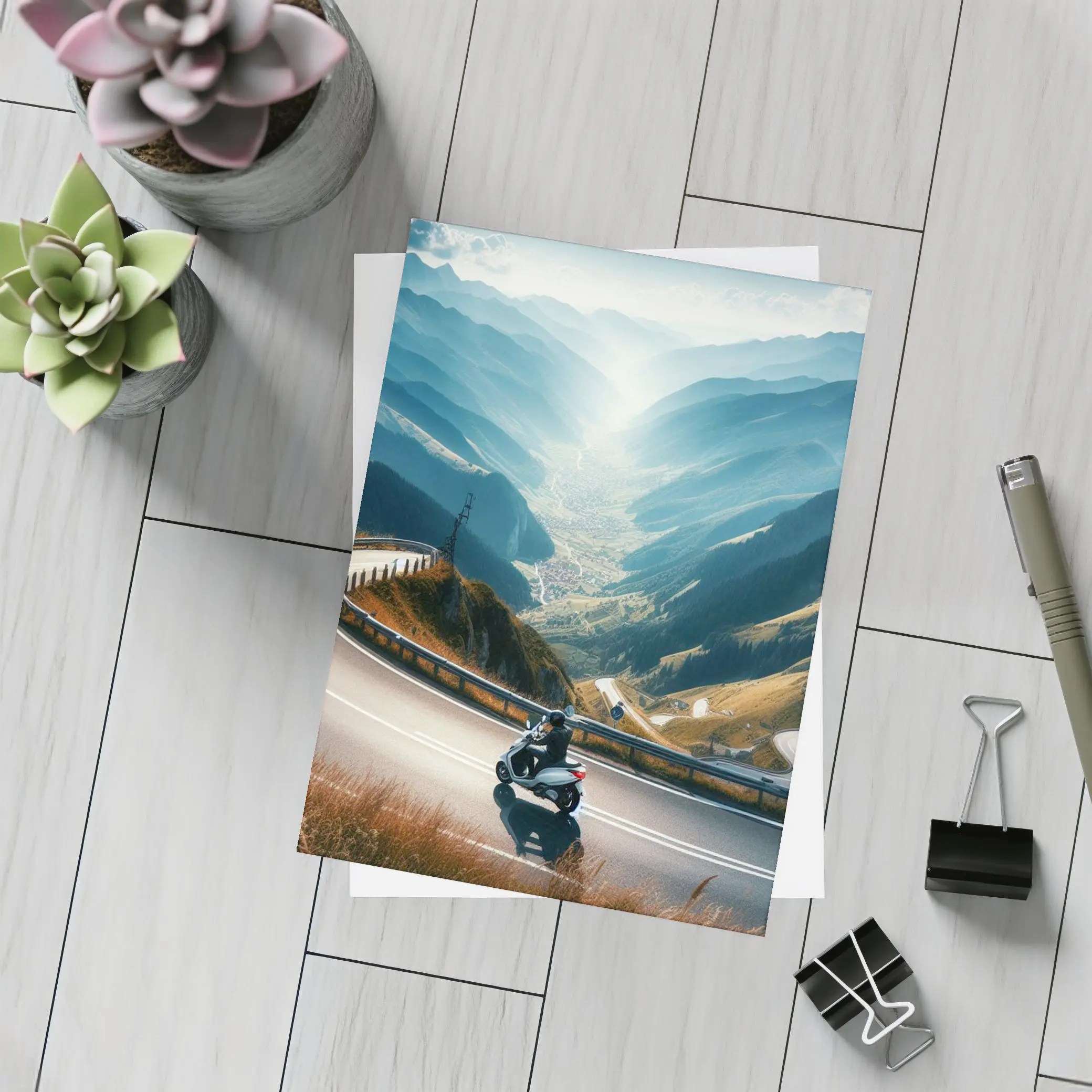Scooter Rider Winding Mountain Road Valley – Postcards
