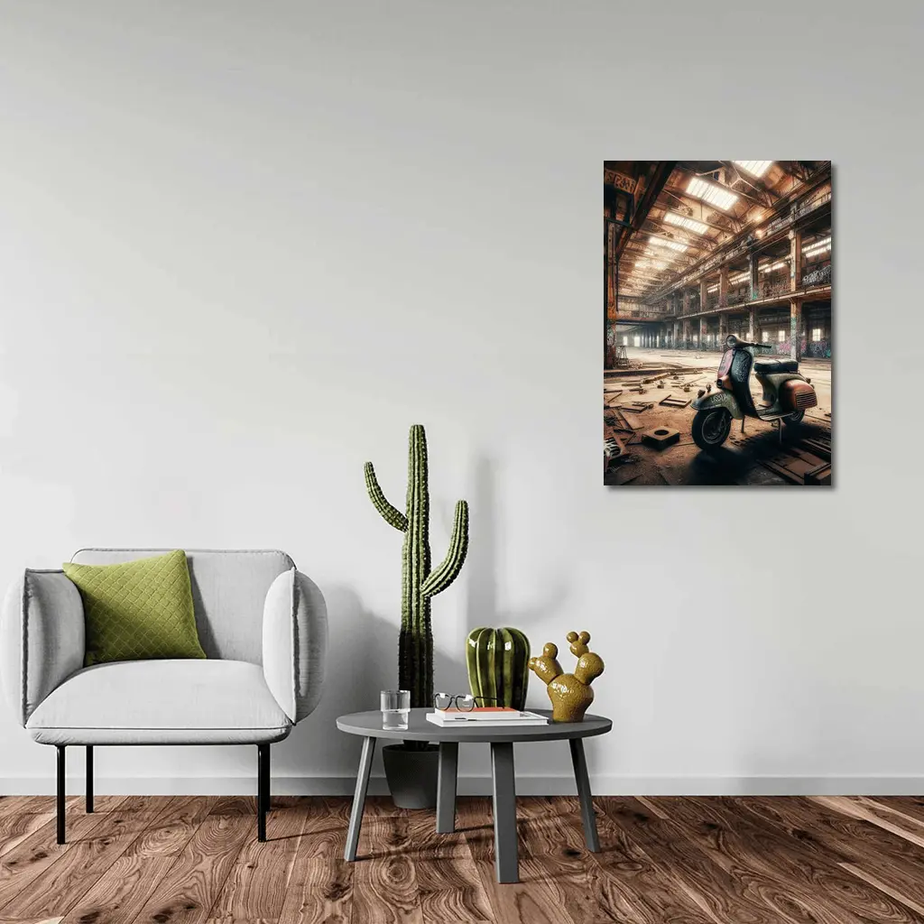 Rusty Vespa Scooter Abandoned Industrial Warehouse – Wall Art