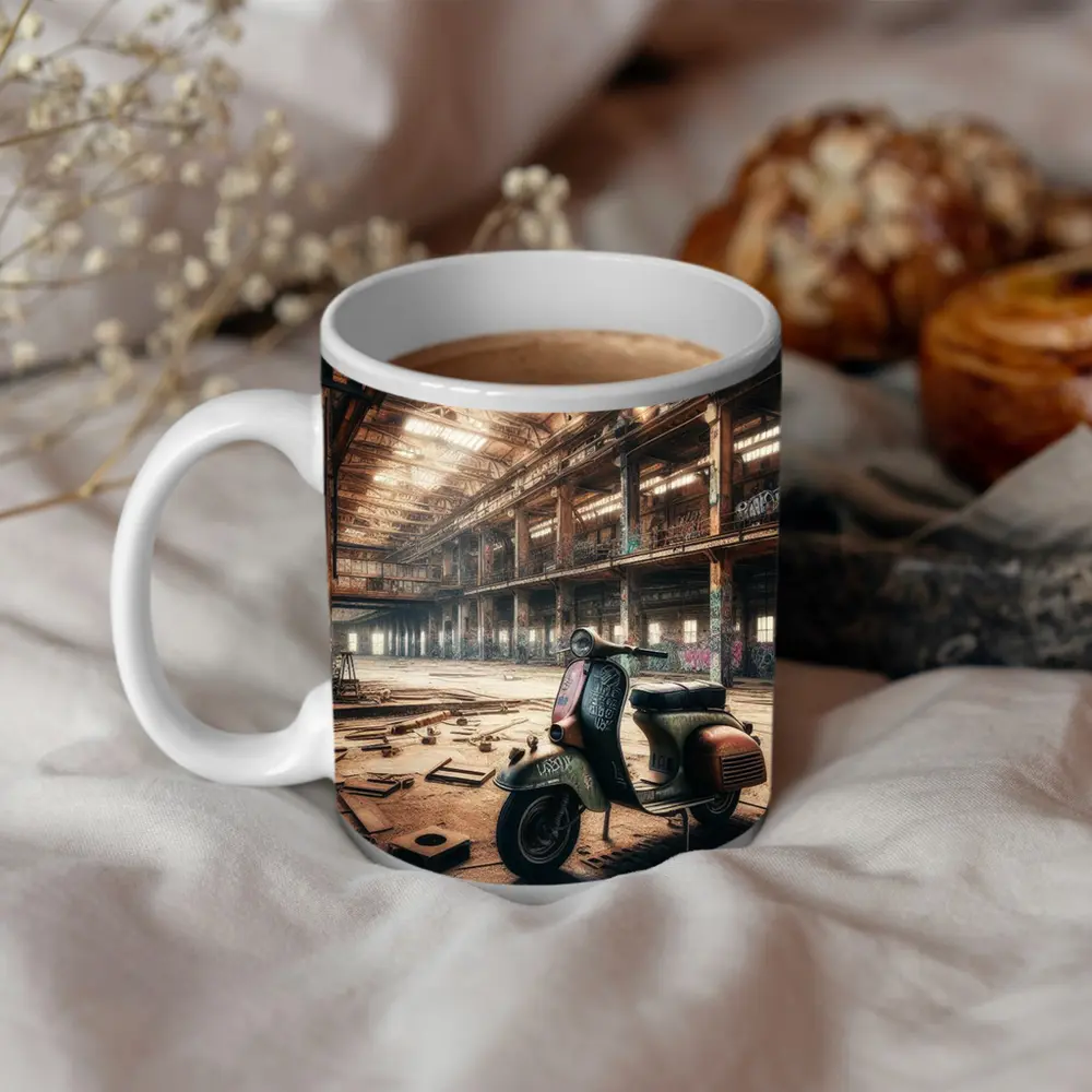 Rusty Vespa Scooter Abandoned Industrial Warehouse – Mugs
