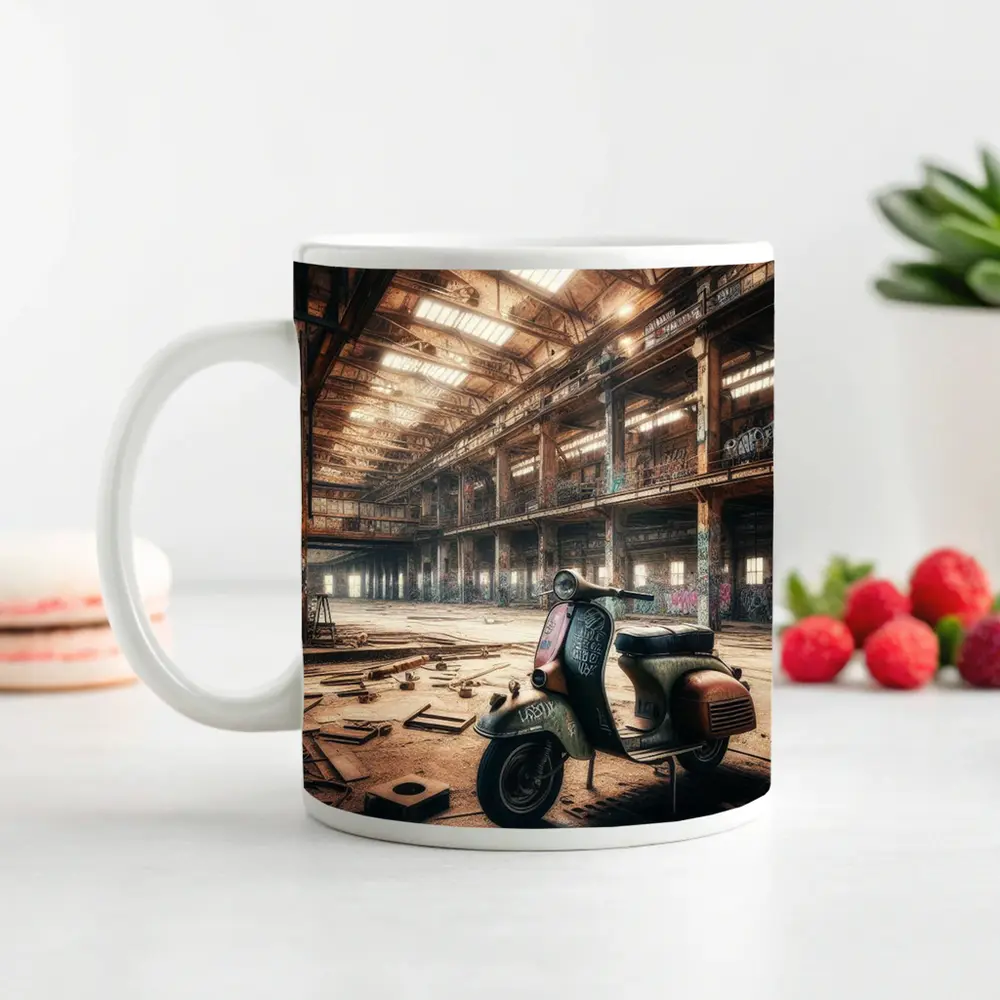 Rusty Vespa Scooter Abandoned Industrial Warehouse – Mugs