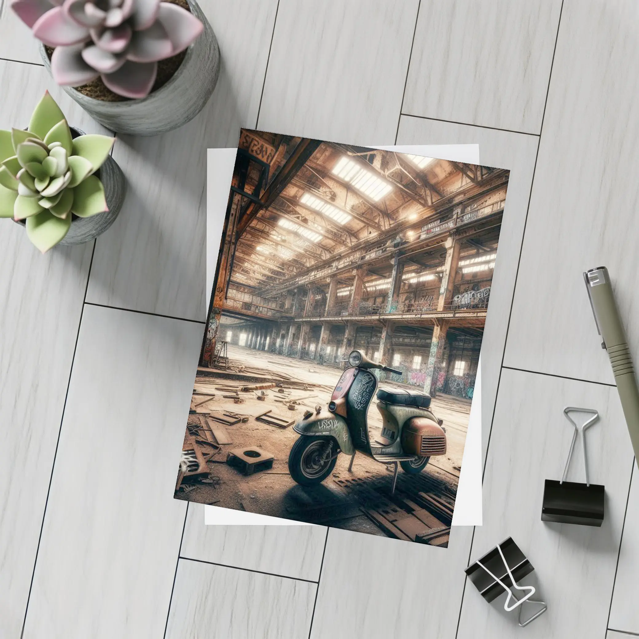 Rusty Vespa Scooter Abandoned Industrial Warehouse – Postcards