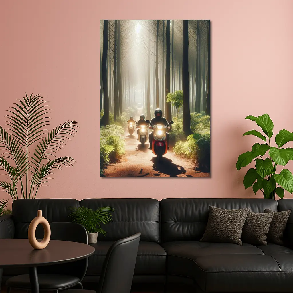 Motorcyclists Riding Through Misty Forest Trail – Wall Art