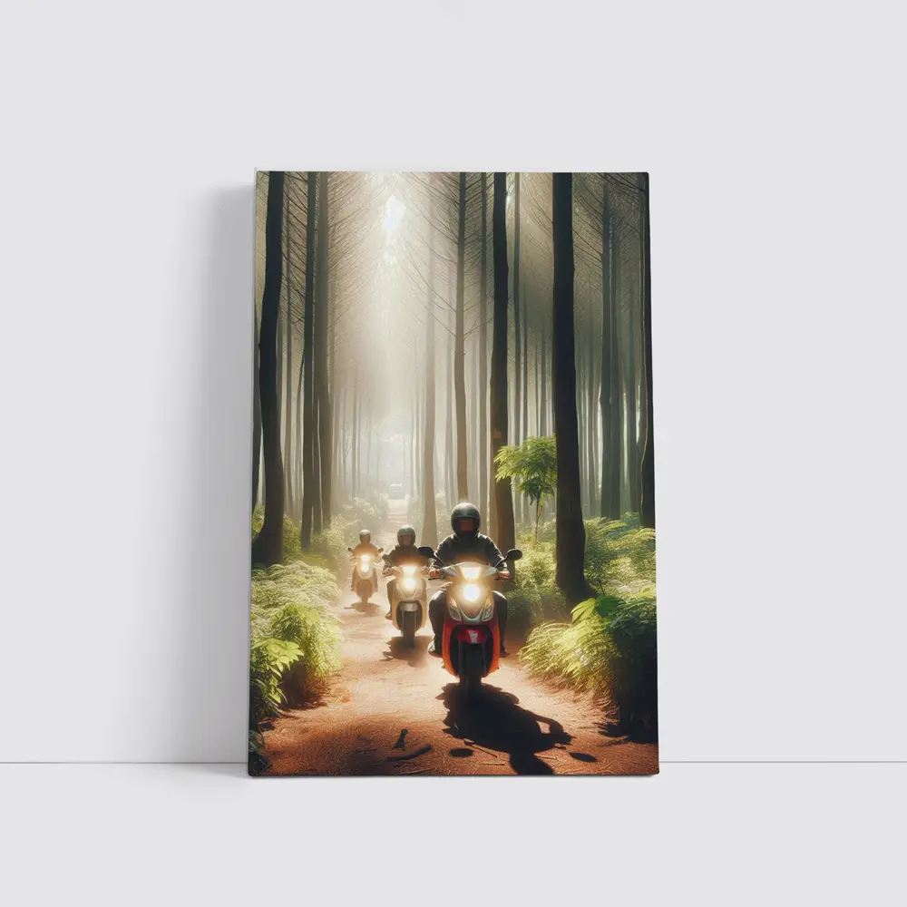 Motorcyclists Riding Through Misty Forest Trail – Wall Art