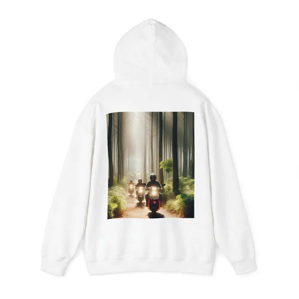 Motorcyclists Riding Through Misty Forest Trail – Hoodies