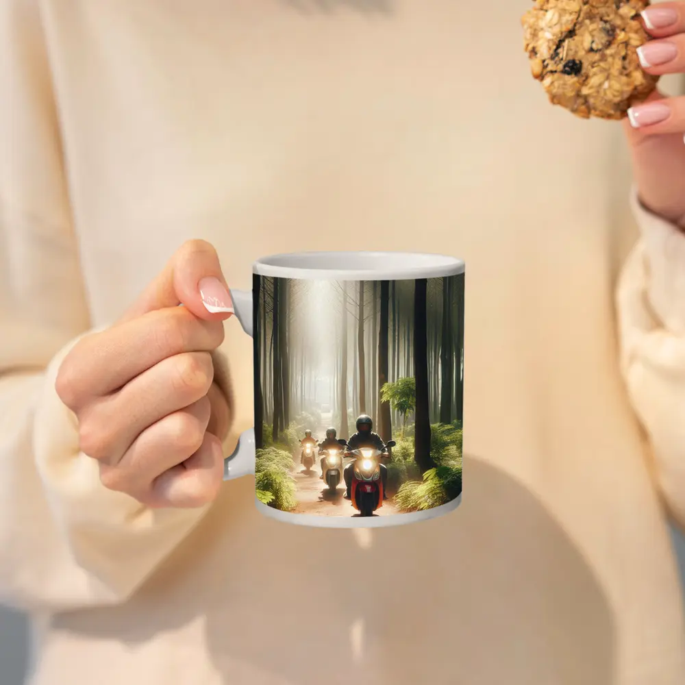 Motorcyclists Riding Through Misty Forest Trail – Mugs
