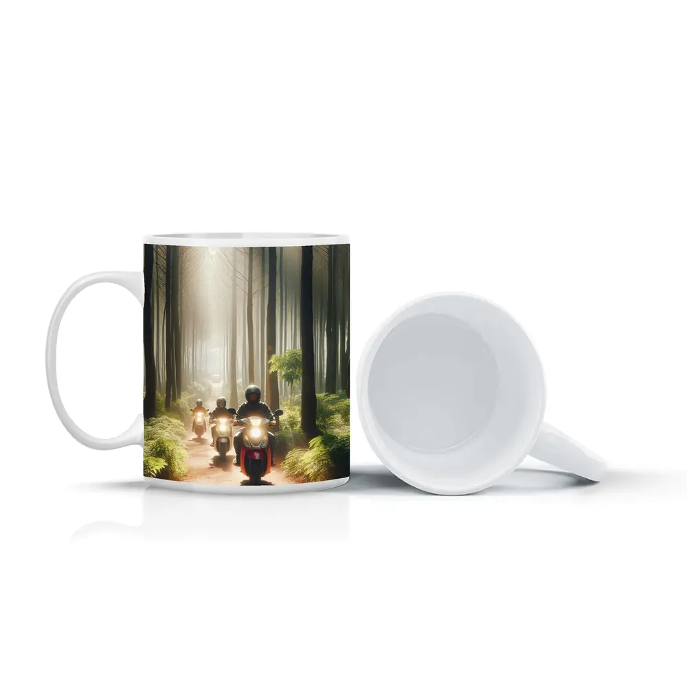 Motorcyclists Riding Through Misty Forest Trail – Mugs