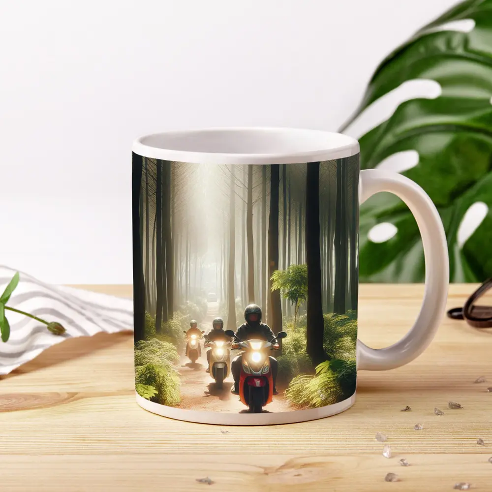 Motorcyclists Riding Through Misty Forest Trail – Mugs