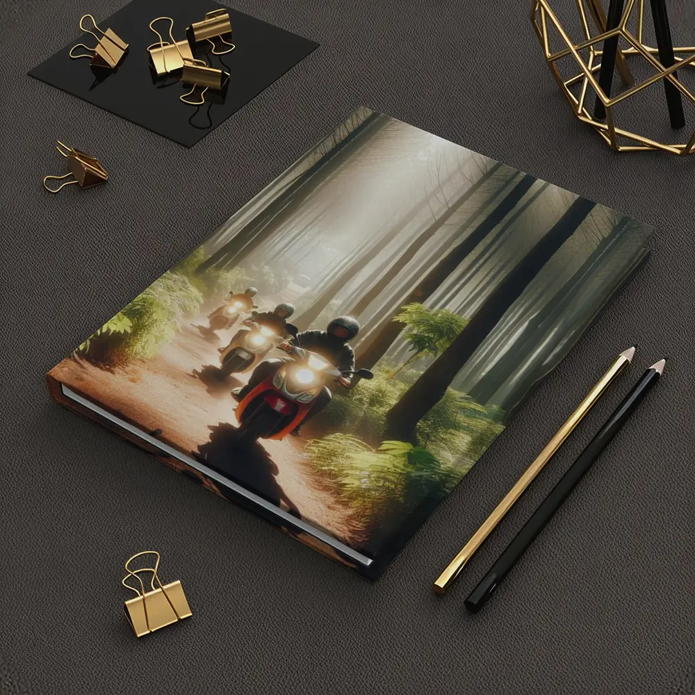 Motorcyclists Riding Through Misty Forest Trail – Notebooks