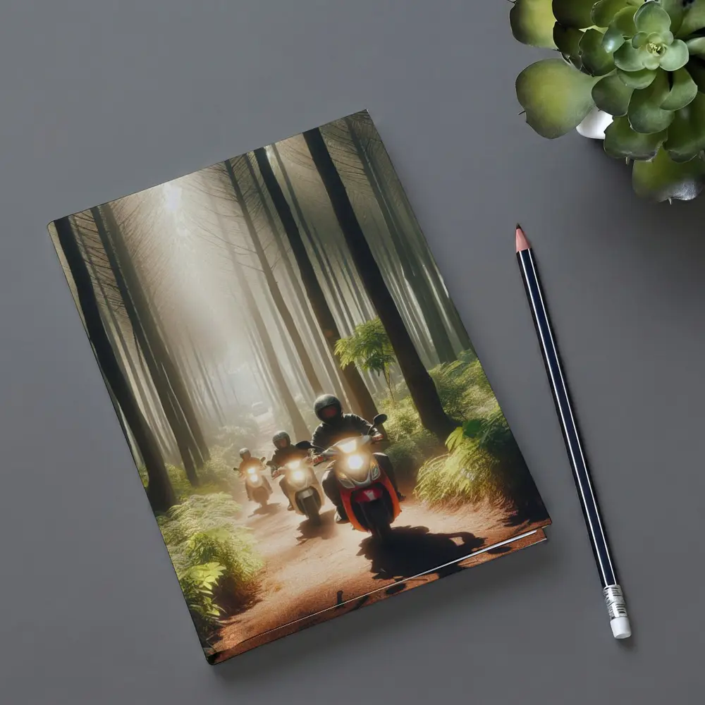 Motorcyclists Riding Through Misty Forest Trail – Notebooks