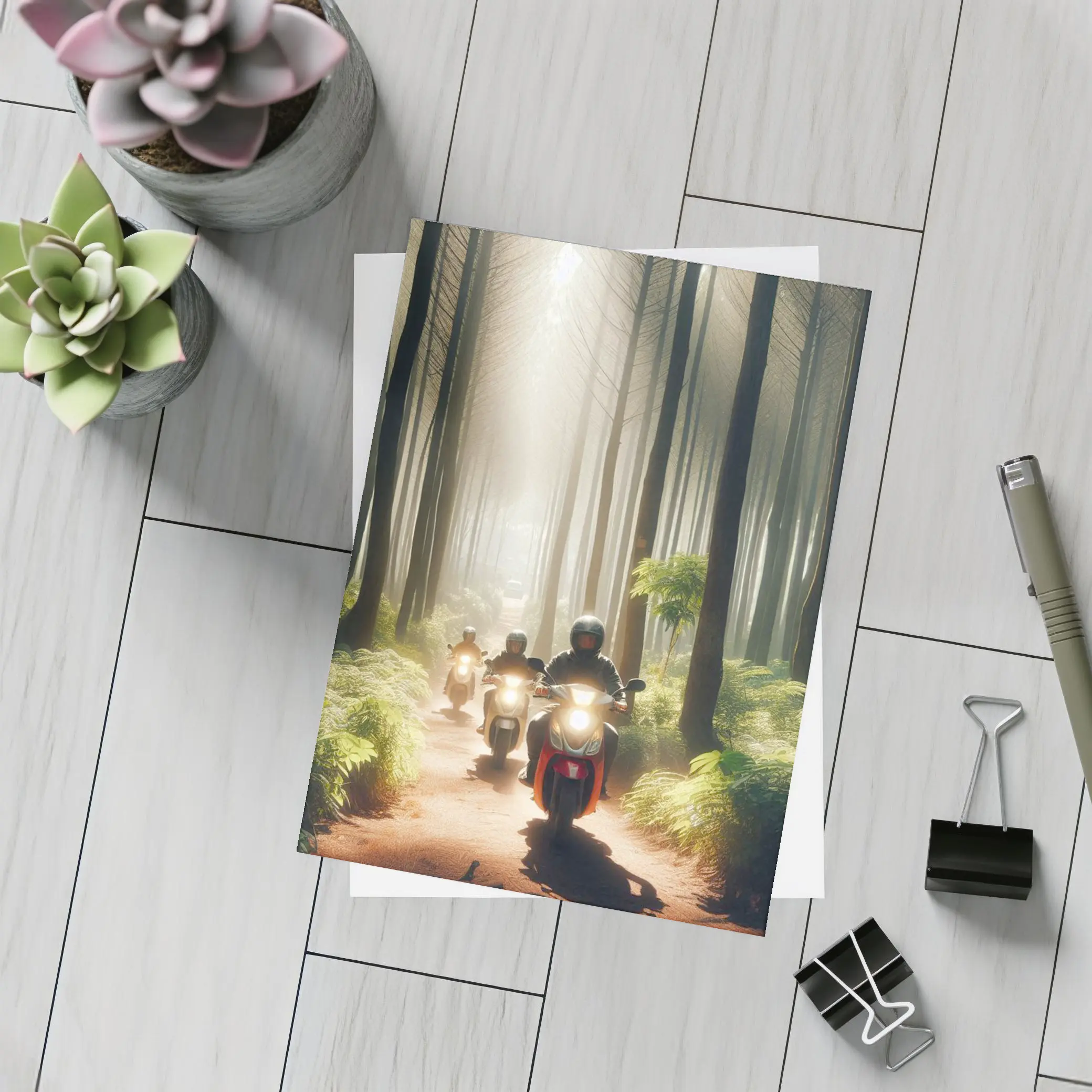 Motorcyclists Riding Through Misty Forest Trail – Postcards
