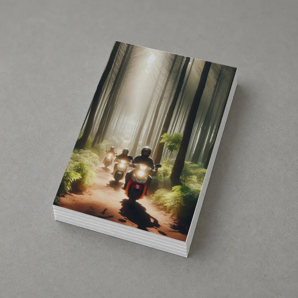 Motorcyclists Riding Through Misty Forest Trail – Postcards