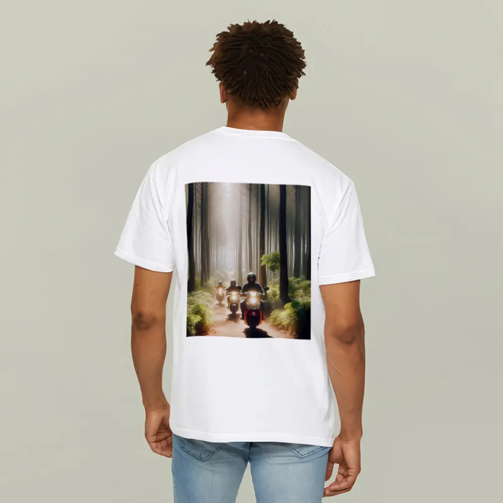Motorcyclists Riding Through Misty Forest Trail – T-Shirts
