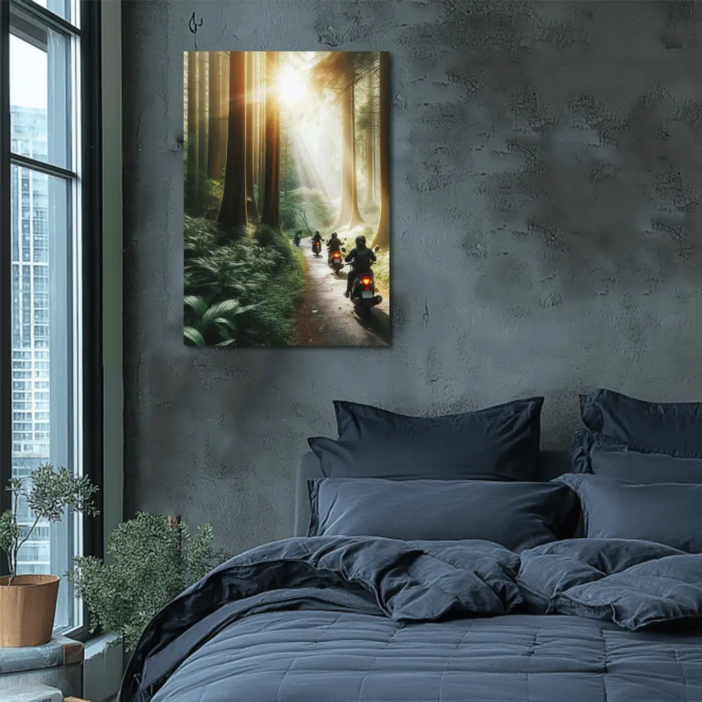 Motorcycles Riding Through Misty Forest Road – Wall Art