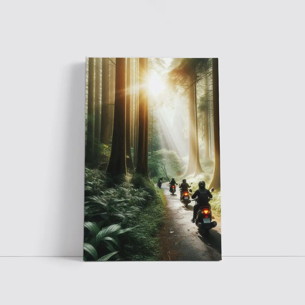 Motorcycles Riding Through Misty Forest Road – Wall Art
