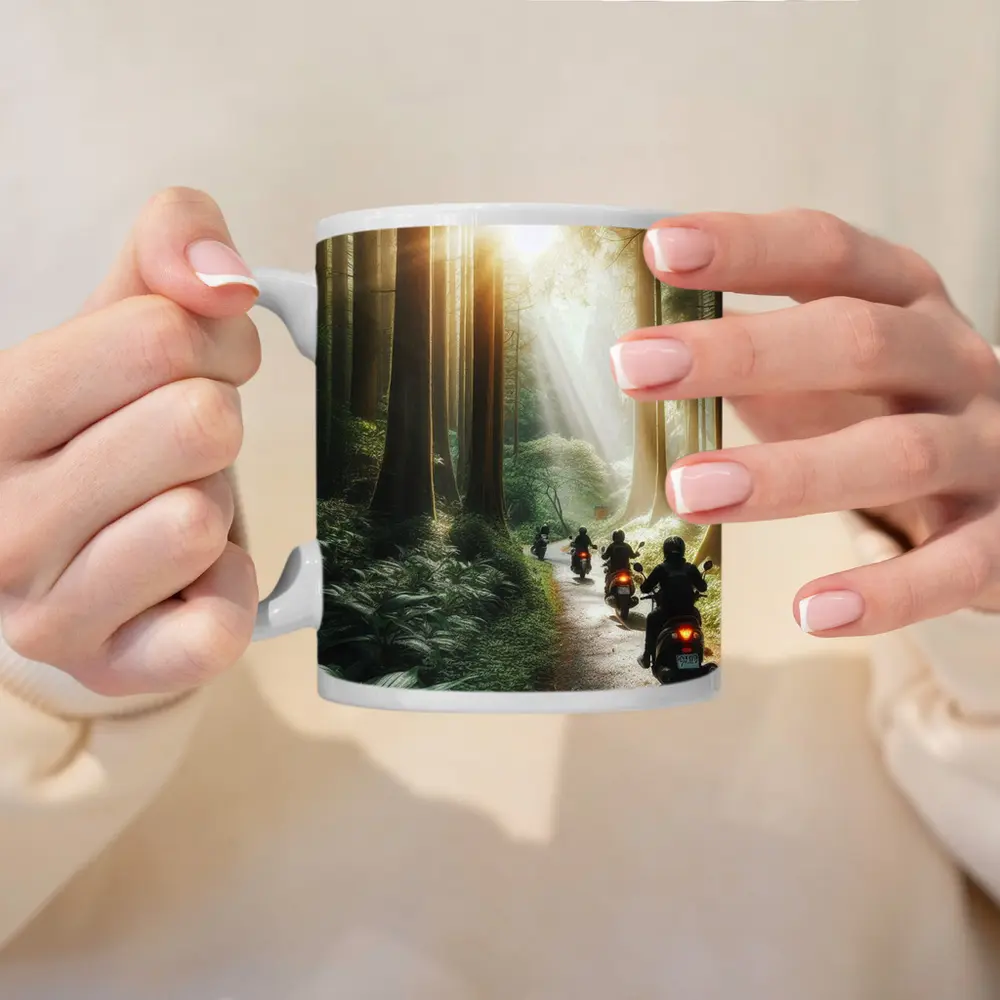 Motorcycles Riding Through Misty Forest Road – Mugs