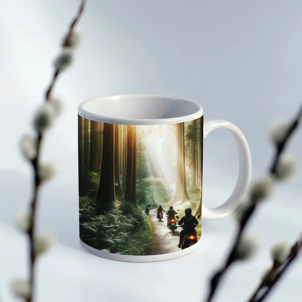 Motorcycles Riding Through Misty Forest Road – Mugs