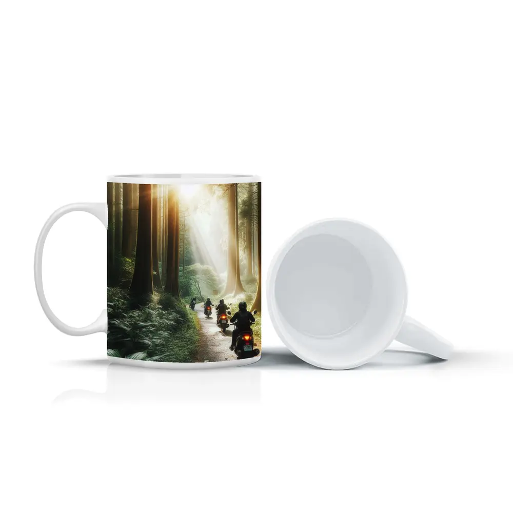 Motorcycles Riding Through Misty Forest Road – Mugs