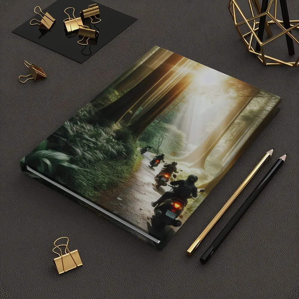 Motorcycles Riding Through Misty Forest Road – Notebooks
