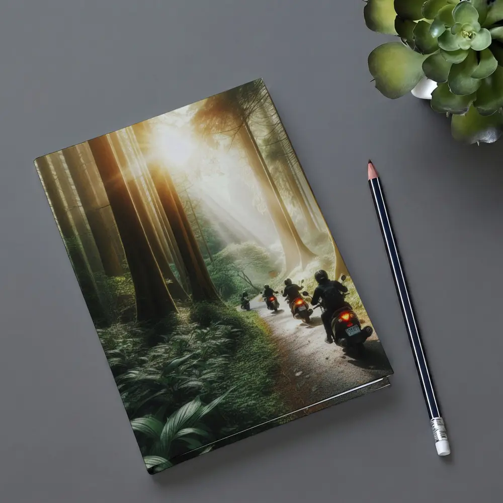 Motorcycles Riding Through Misty Forest Road – Notebooks